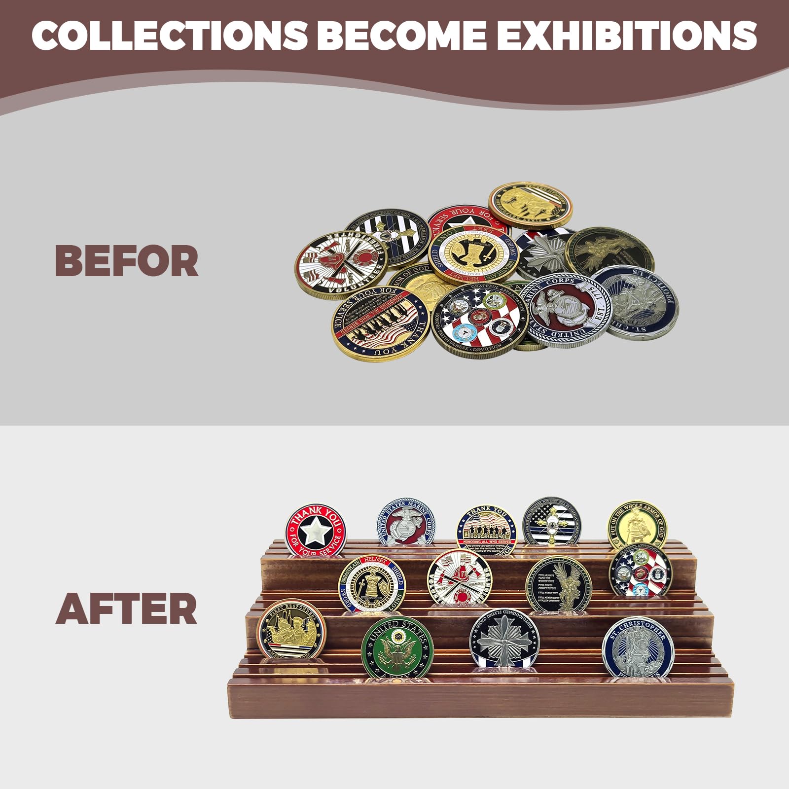 SPVIKISGO coin display stand closeup wood grain shows premium finish and durable grooves