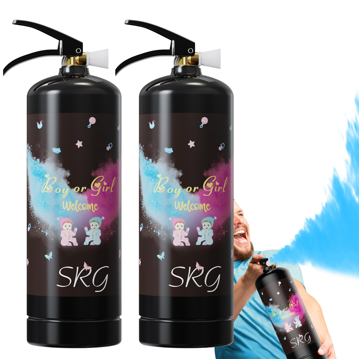SRG blue gender reveal extinguisher spray bursts for a dramatic moment.
