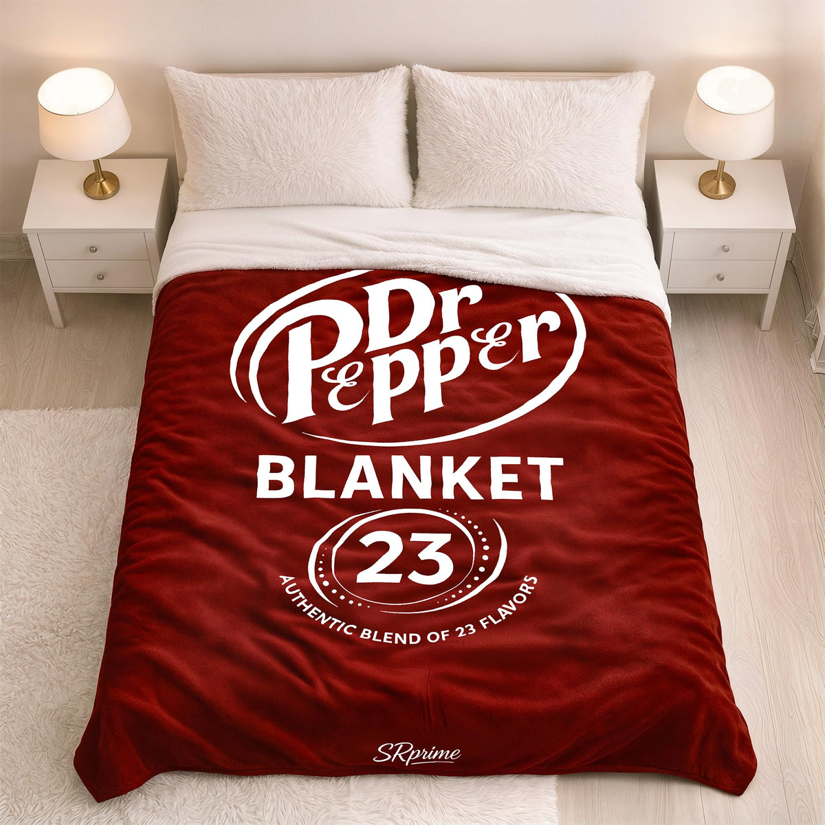 SRprime Dr Pepper blanket front view shows bold red design and cozy warmth