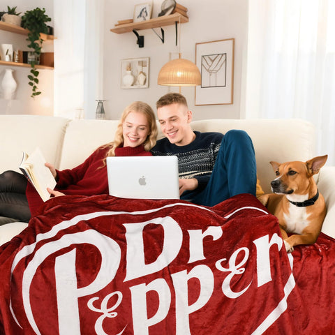 SRprime Dr Pepper blanket on sofa adds room decor vibe