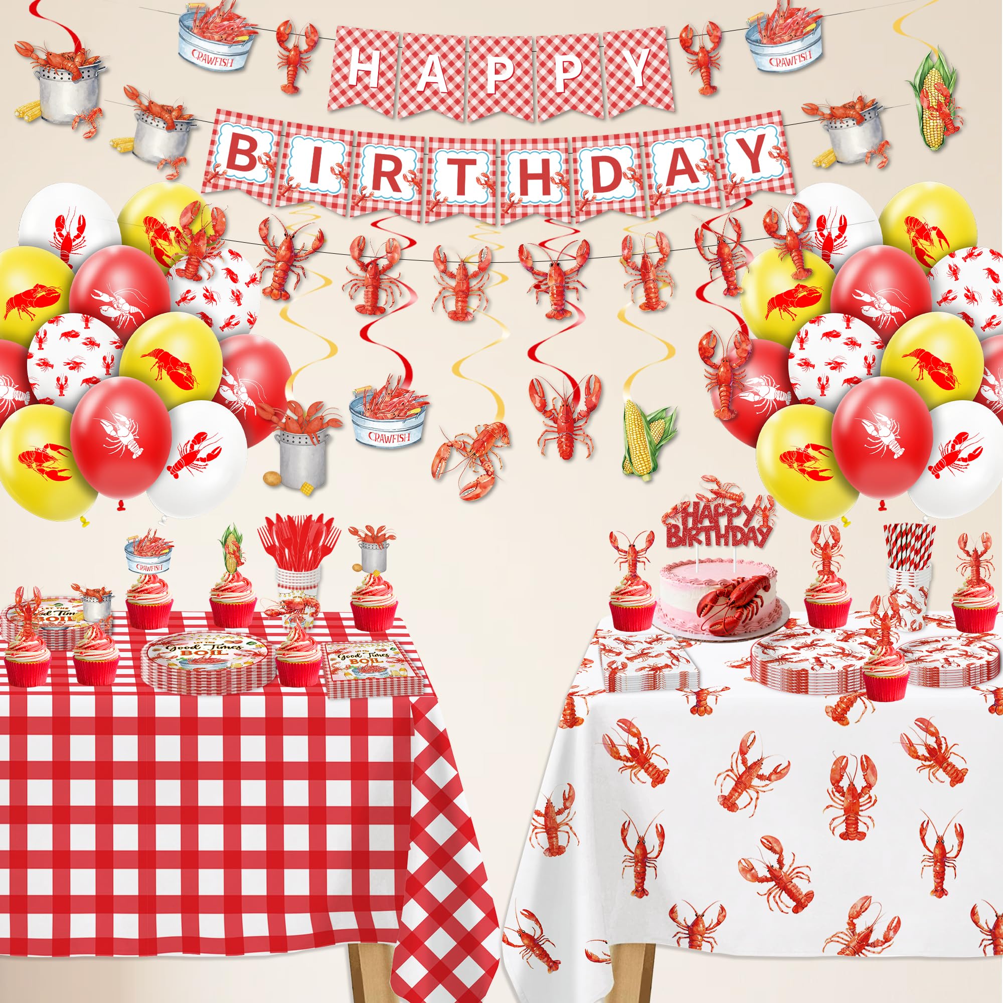 Srua Don crawfish tablecloths and coordinating decor tie the setup together.