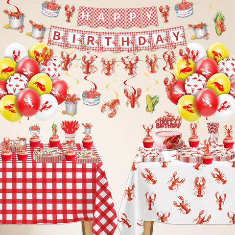 Srua Don crawfish tablecloths and coordinating decor tie the setup together.