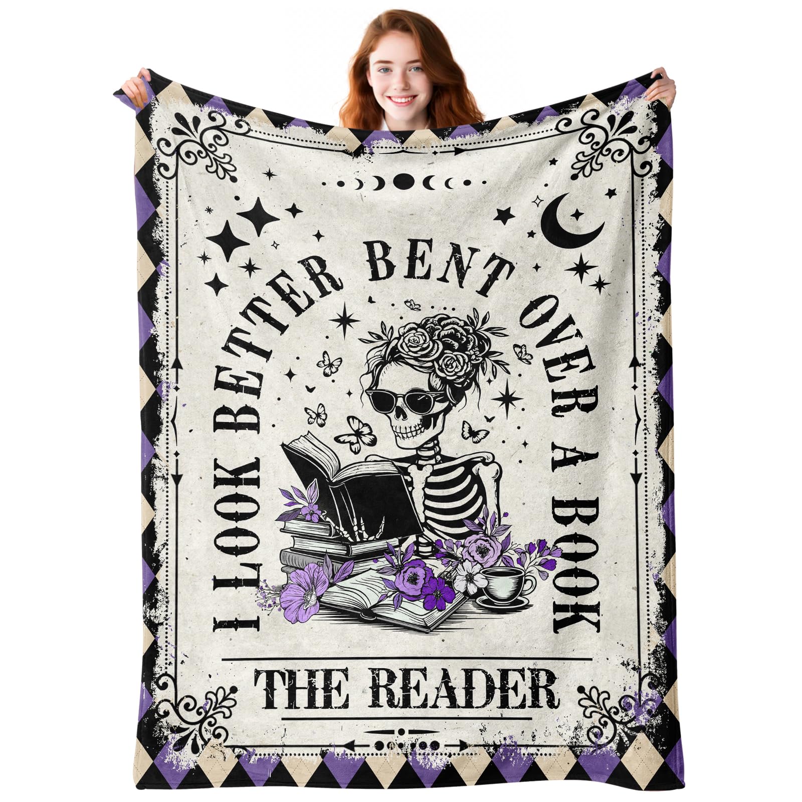Sruemiul skeleton reading blanket closeup shows gothic design for cozy nights.