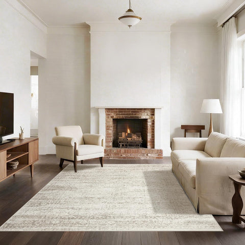 Srugn washable area rug in bedroom setting, plush comfort for morning routines.