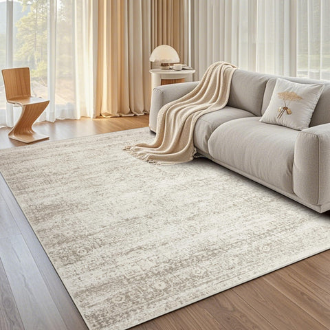 Srugn washable area rug in living room scene, soft underfoot and easy to clean.