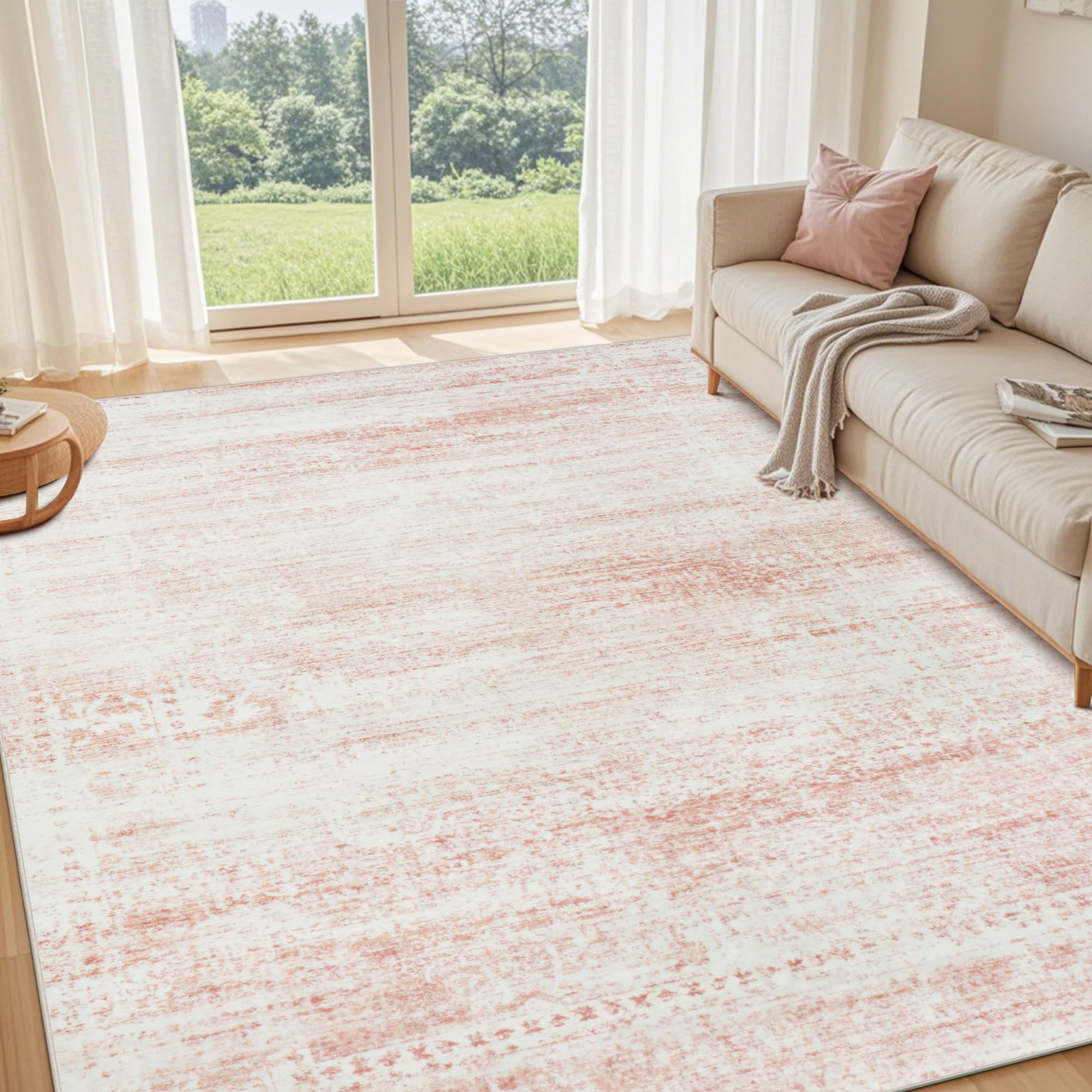 Srugn washable rug 8x10 soft-pile texture for a cozy living room.