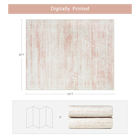 Srugn 8x10 vintage print rug adds retro charm to dining spaces.