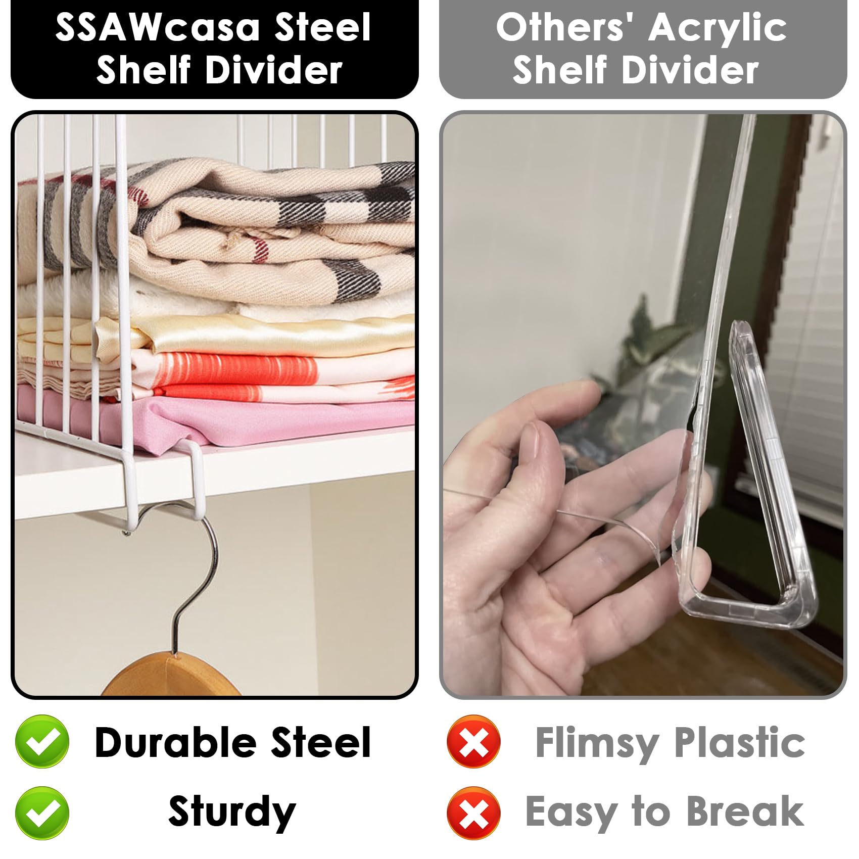SSAWcasa shelf dividers on wood shelf enabling easy closet organization