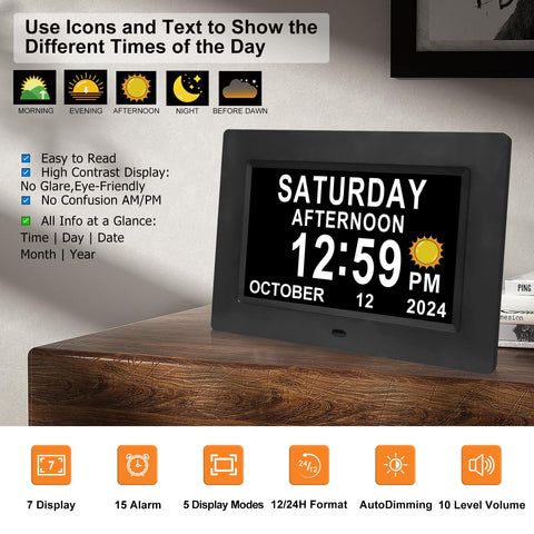 SSINI clock shows day and date for quick scheduling at a glance.