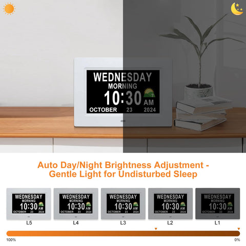 SSINI digital photo-frame mode displays memories alongside clock.