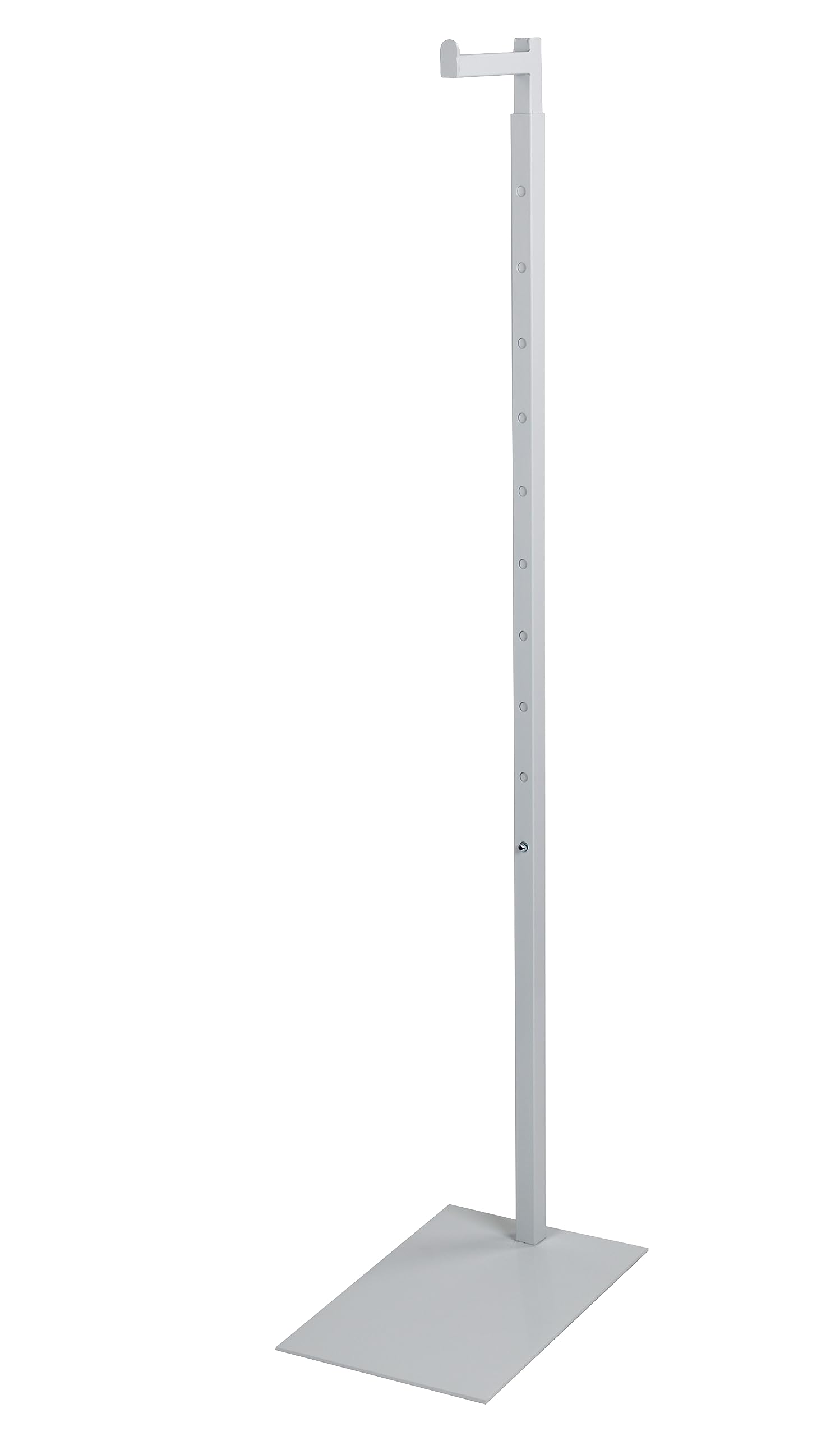 SSWBasics adjustable white costumer stand demonstrates adjustable height for flexible retail displays.