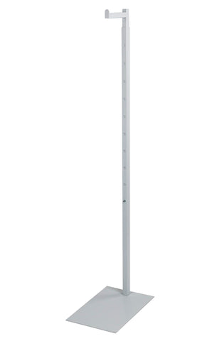 SSWBasics adjustable white costumer stand demonstrates adjustable height for flexible retail displays.