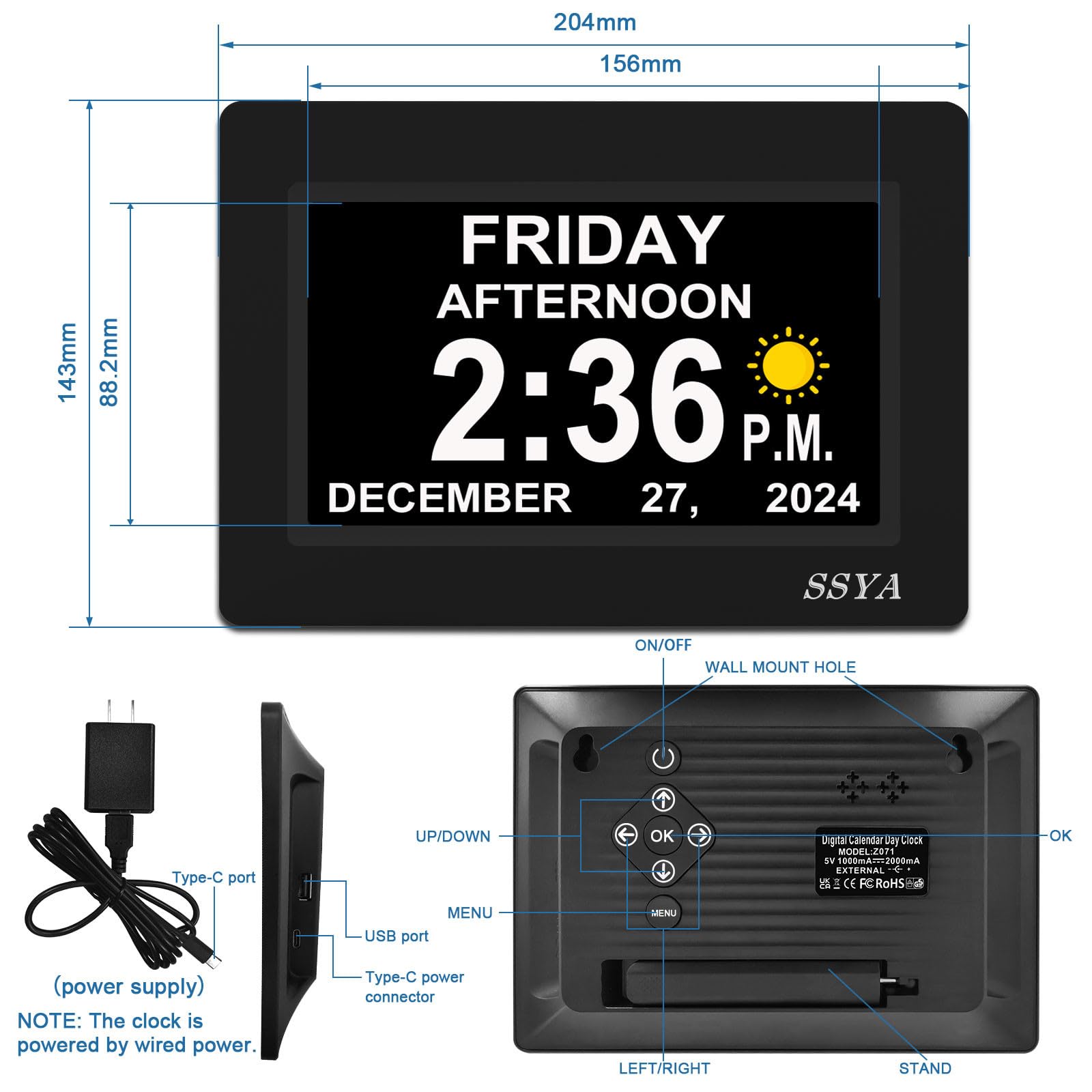 SSYA 7-Inch Calendar Clock shows 12 alarm options to organize meals, appointments, and reminders.