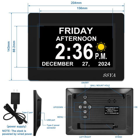 SSYA 7-Inch Calendar Clock shows 12 alarm options to organize meals, appointments, and reminders.