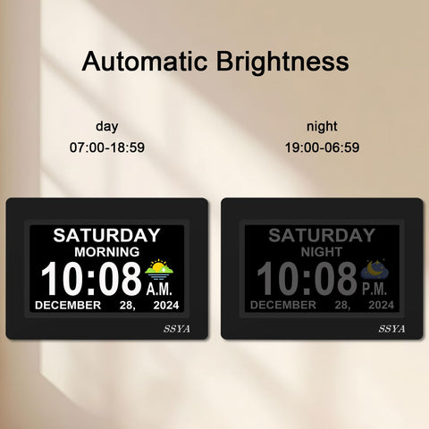 Auto dimming SSYA calendar clock adjusts brightness for day and night viewing.