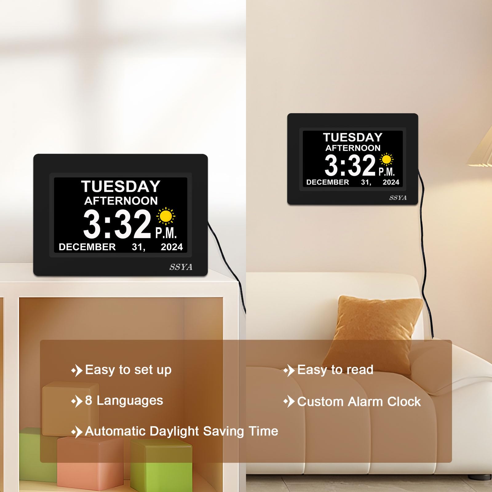 SSYA 7-Inch Calendar Clock backup power restores time and date after outages.