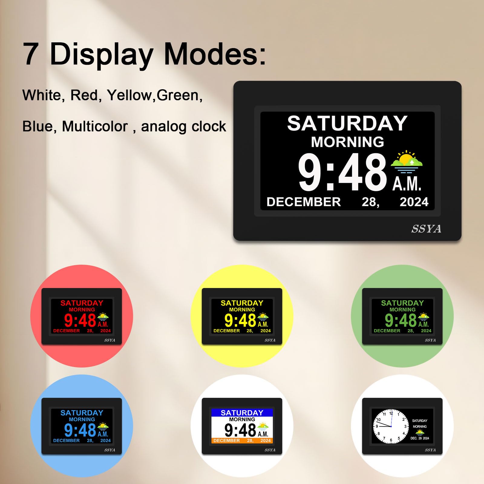 SSYA 7-Inch Calendar Clock displays non-abbreviated date for clarity.