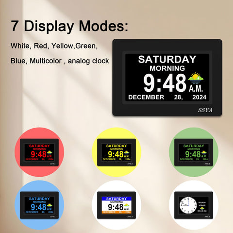 SSYA 7-Inch Calendar Clock displays non-abbreviated date for clarity.