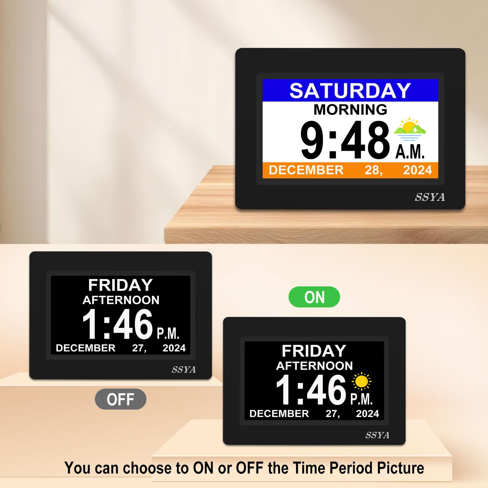 SSYA 7-Inch Calendar Clock helps seniors and visually challenged users.
