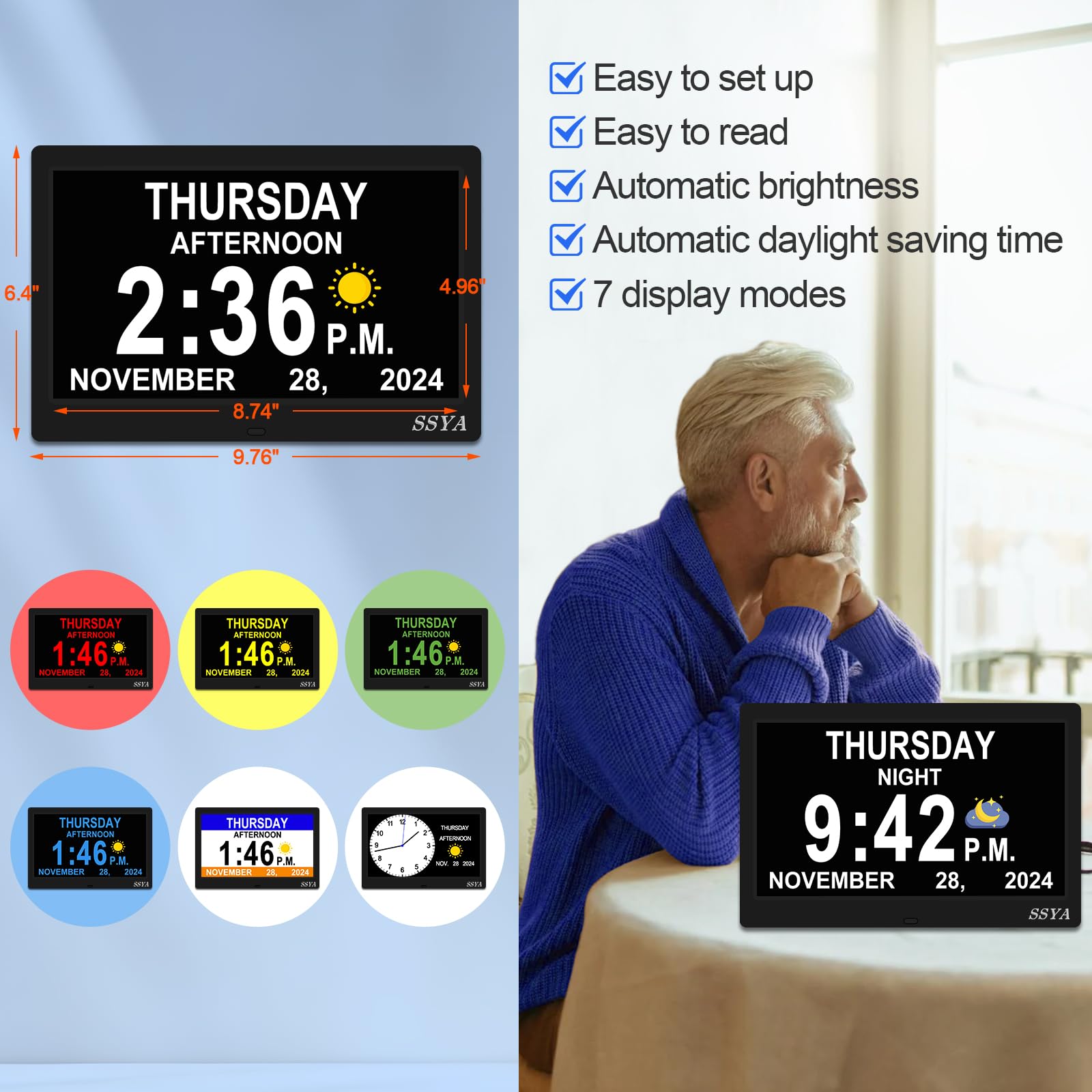 SSYA Dementia Clock alarms setup helps reminders for meds and appointments