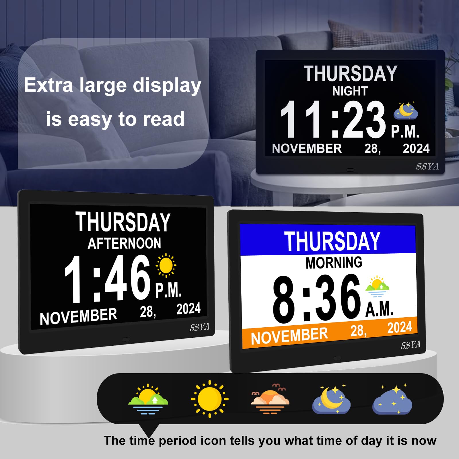 SSYA Dementia Clock day-date view highlights non-abbreviated calendar for quick reference