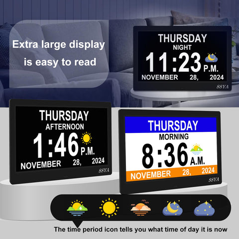 SSYA Dementia Clock day-date view highlights non-abbreviated calendar for quick reference