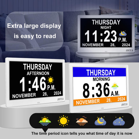 SSYA Dementia Clock shows full day, date, and calendar for daily planning