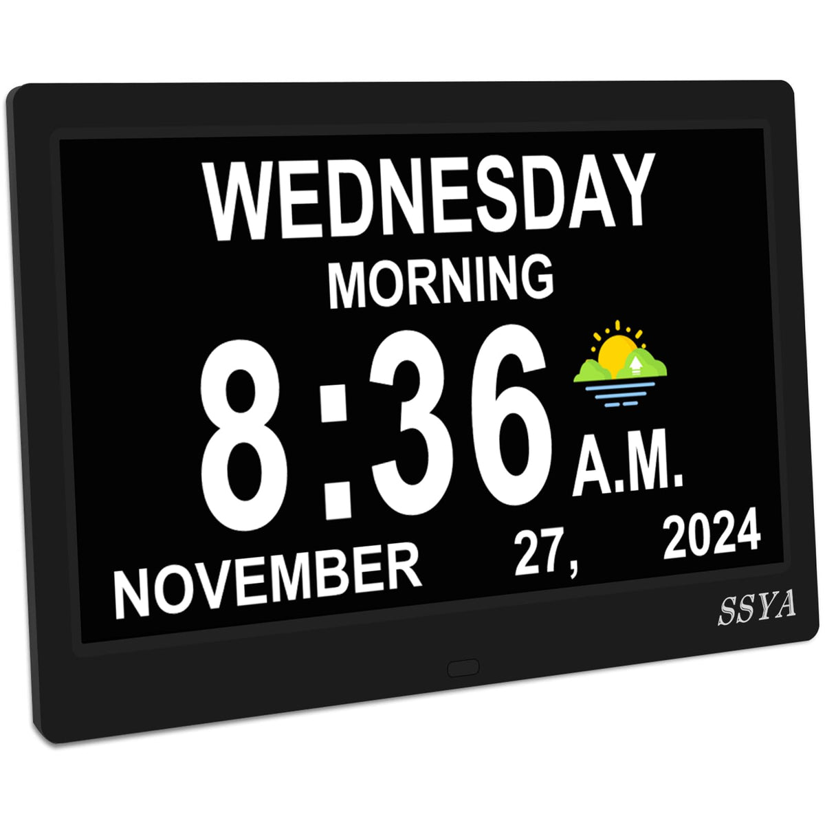 SSYA Dementia Clock full display shows date and day for easy daily planning