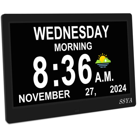SSYA Dementia Clock full display shows date and day for easy daily planning