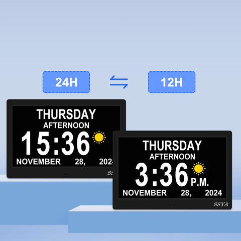 SSYA Dementia Clock sun-moon icons provide time-of-day cues with gentle lighting