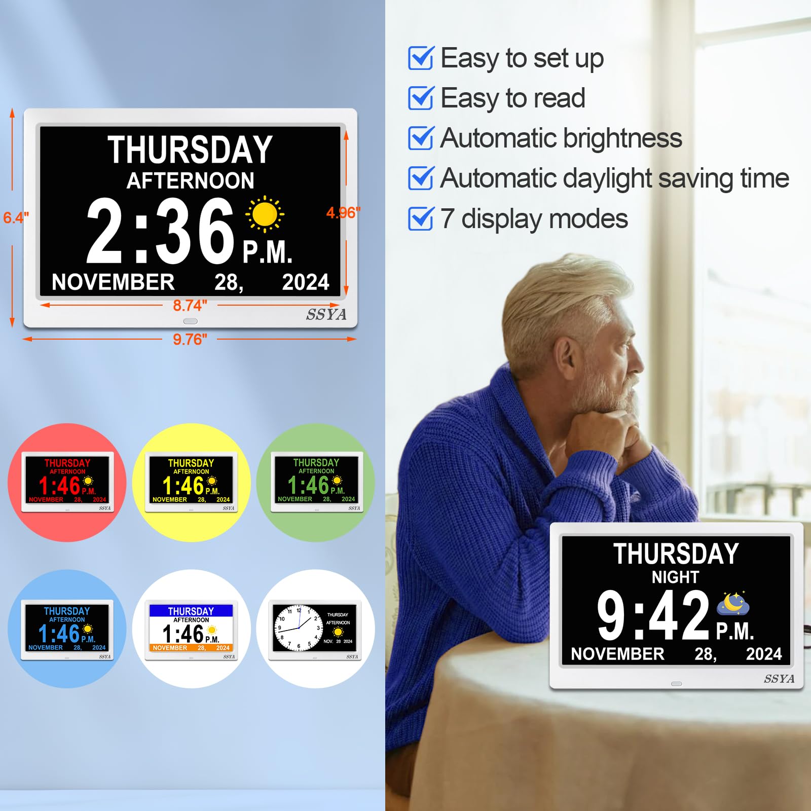 SSYA Dementia Clock with sun and moon visuals for time-of-day cues