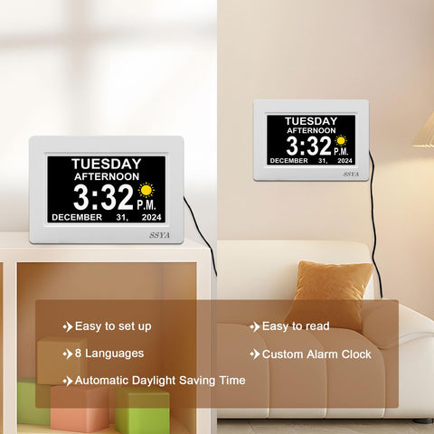 SSYA eight-language support helps multilingual households use the clock.