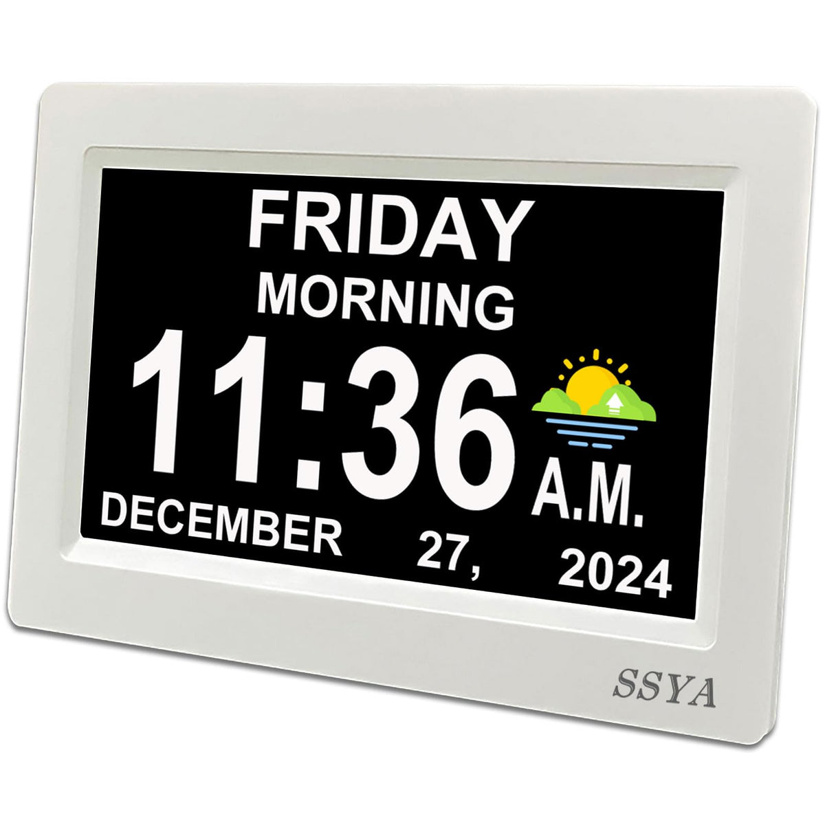 SSYA digital calendar alarm clock front view with large time display for seniors.