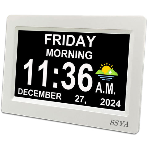 SSYA digital calendar alarm clock front view with large time display for seniors.
