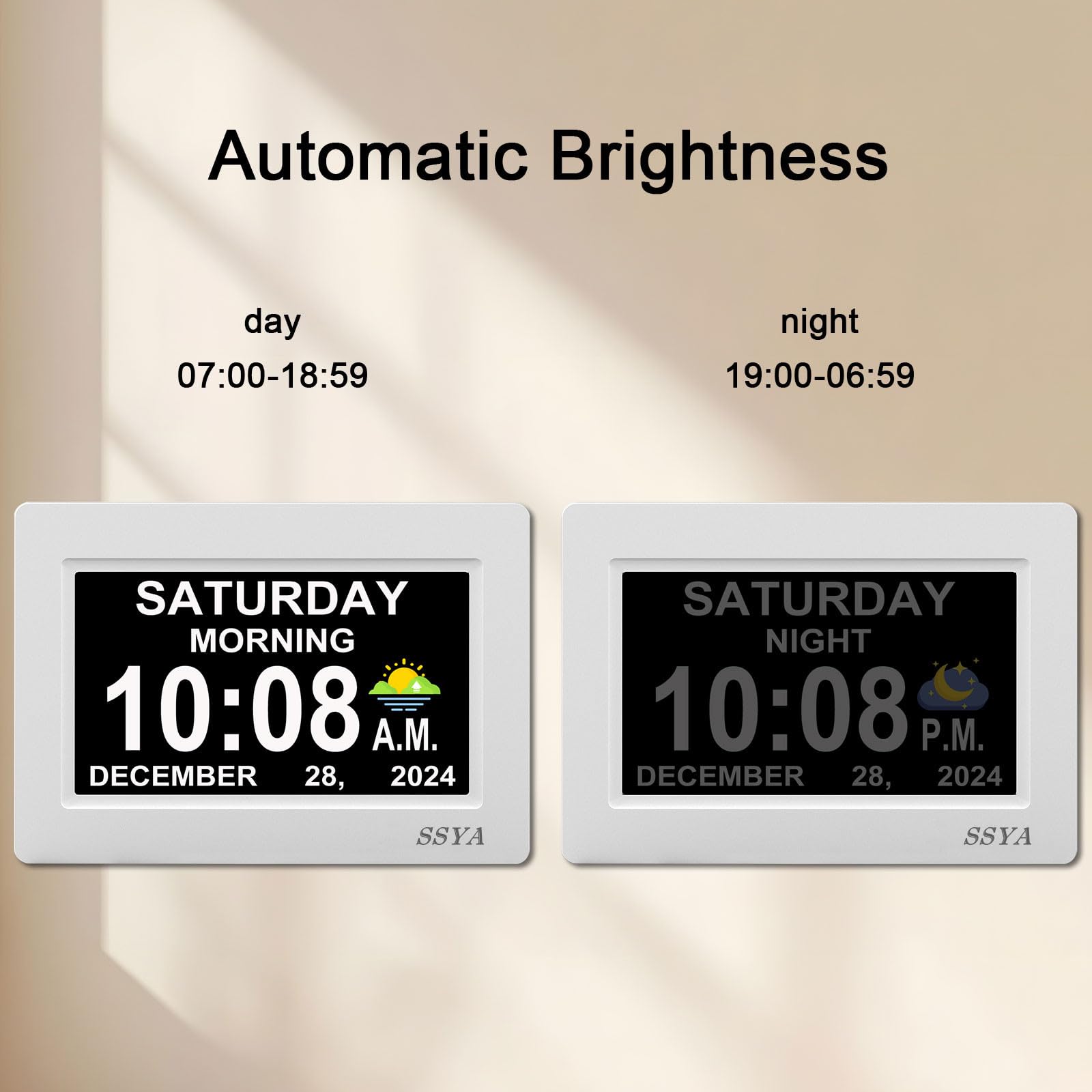 SSYA digital calendar alarm clock on table stand shows bedside readability.