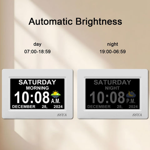 SSYA digital calendar alarm clock on table stand shows bedside readability.