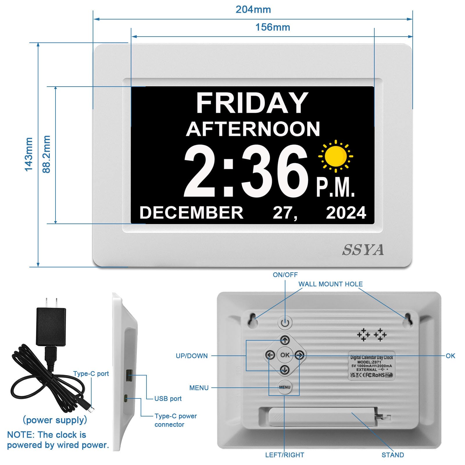 SSYA digital calendar alarm clock wall-mount view for easy room placement.