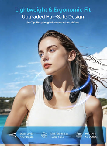 Staholz wearable neck fan in ice mode for targeted cooling.
