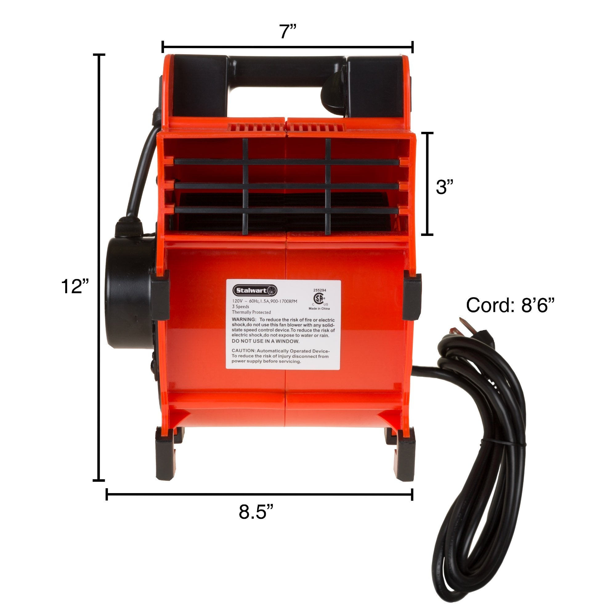Stalwart blower fan side view with easy transport handle.