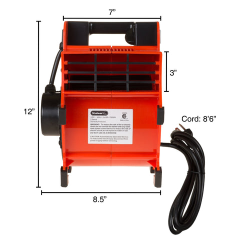 Stalwart blower fan side view with easy transport handle.