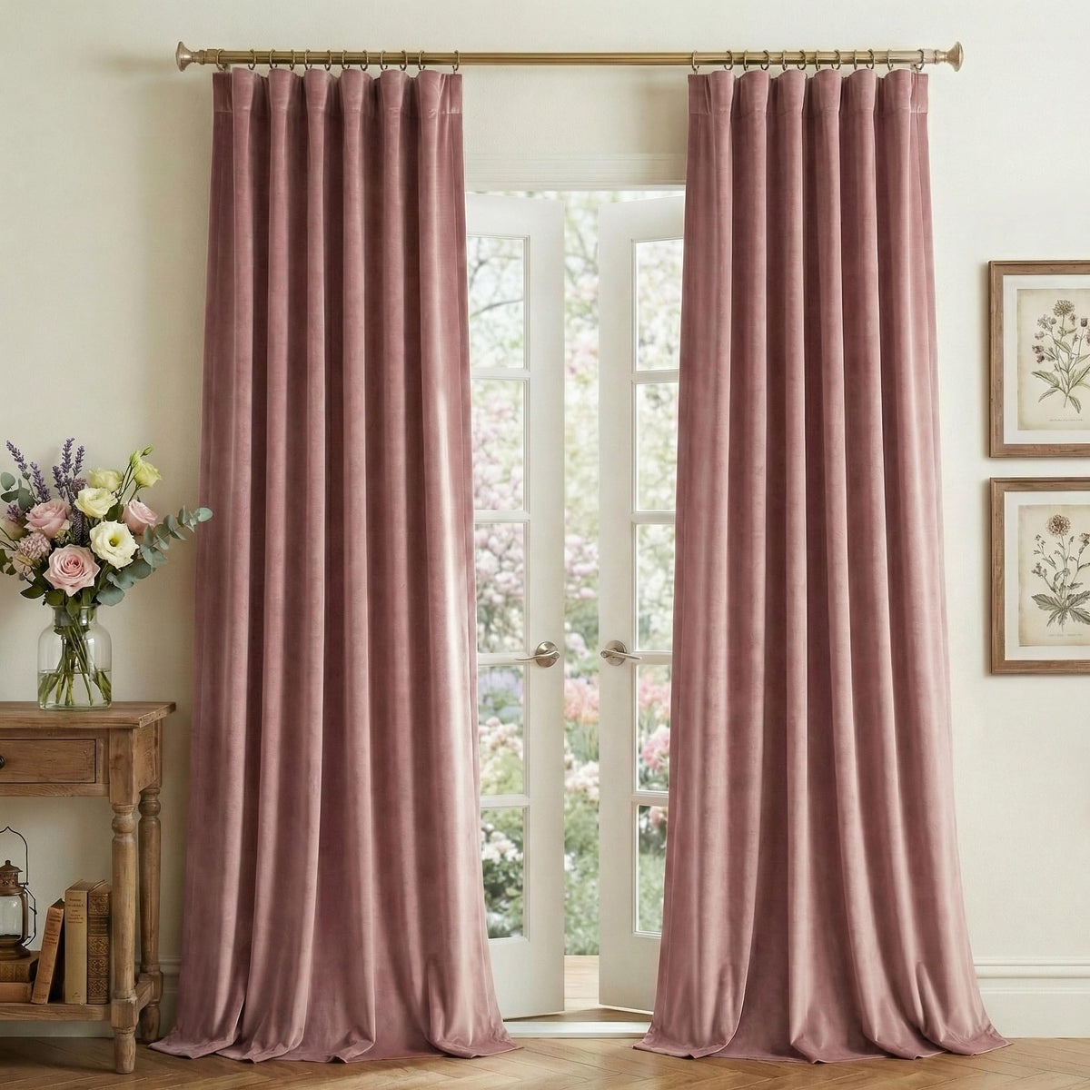 StangH Dusty Rose velvet curtains in 84in closed view offer soft privacy and warmth