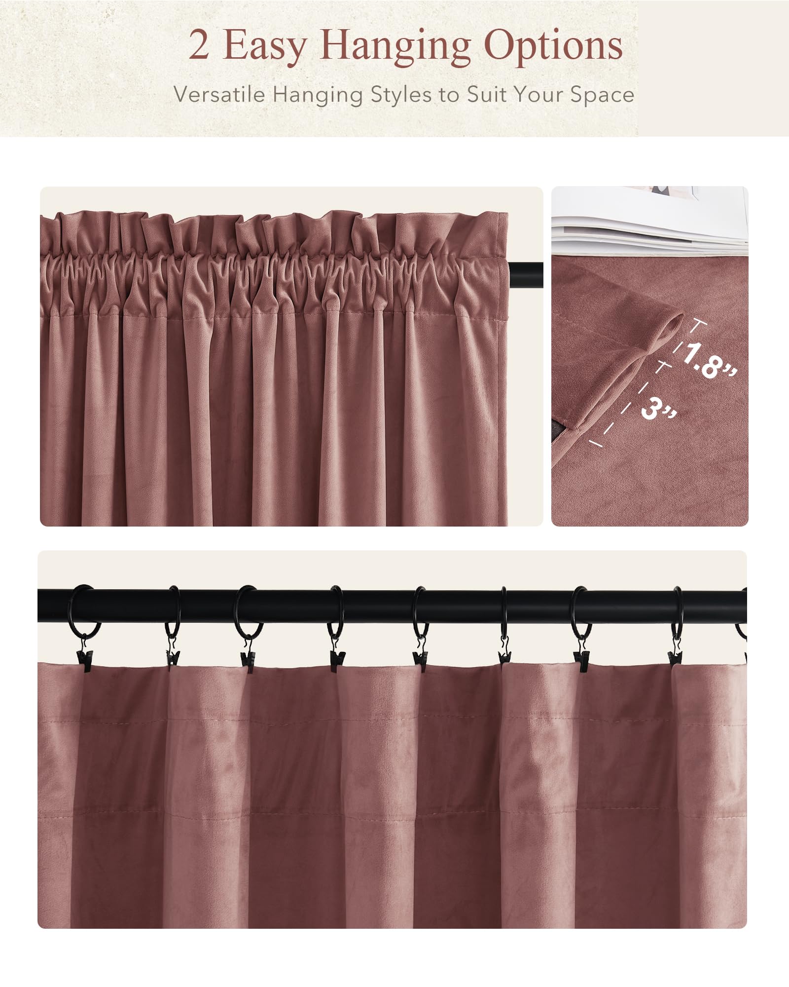 StangH Dusty Rose velvet curtains open view showcase fluid drape and ambient glow