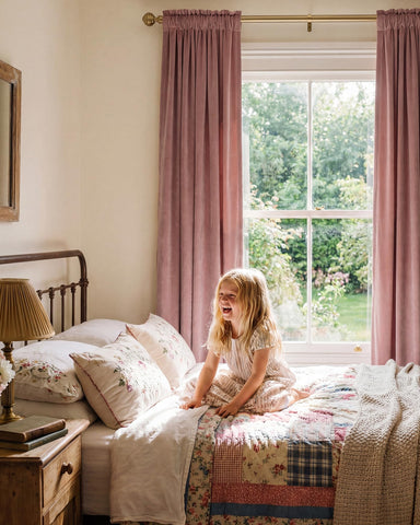 StangH nursery scene with Dusty Rose velvet curtains in soft color
