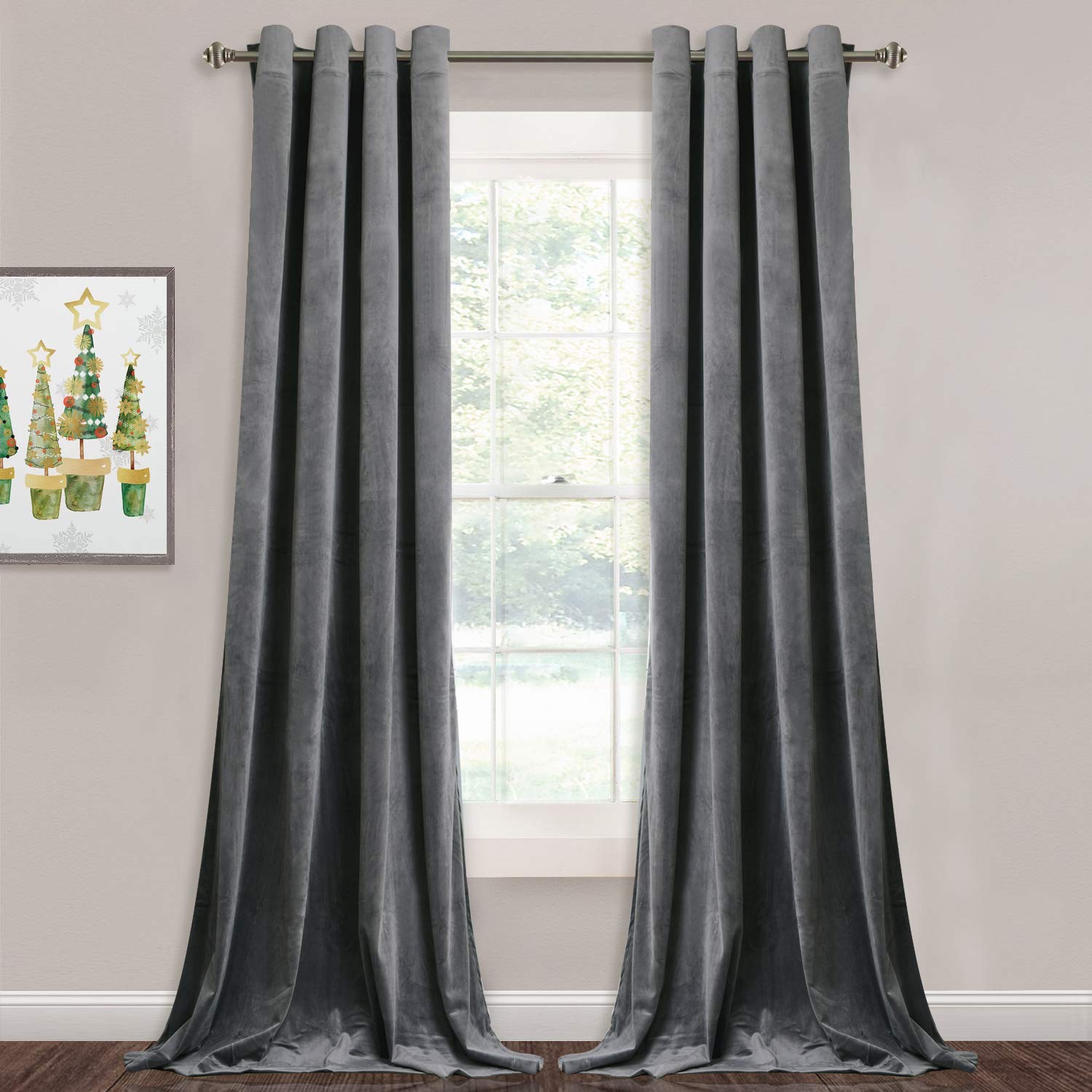 StangH grey velvet curtains for living room provide soft, luxe ambiance and light control.