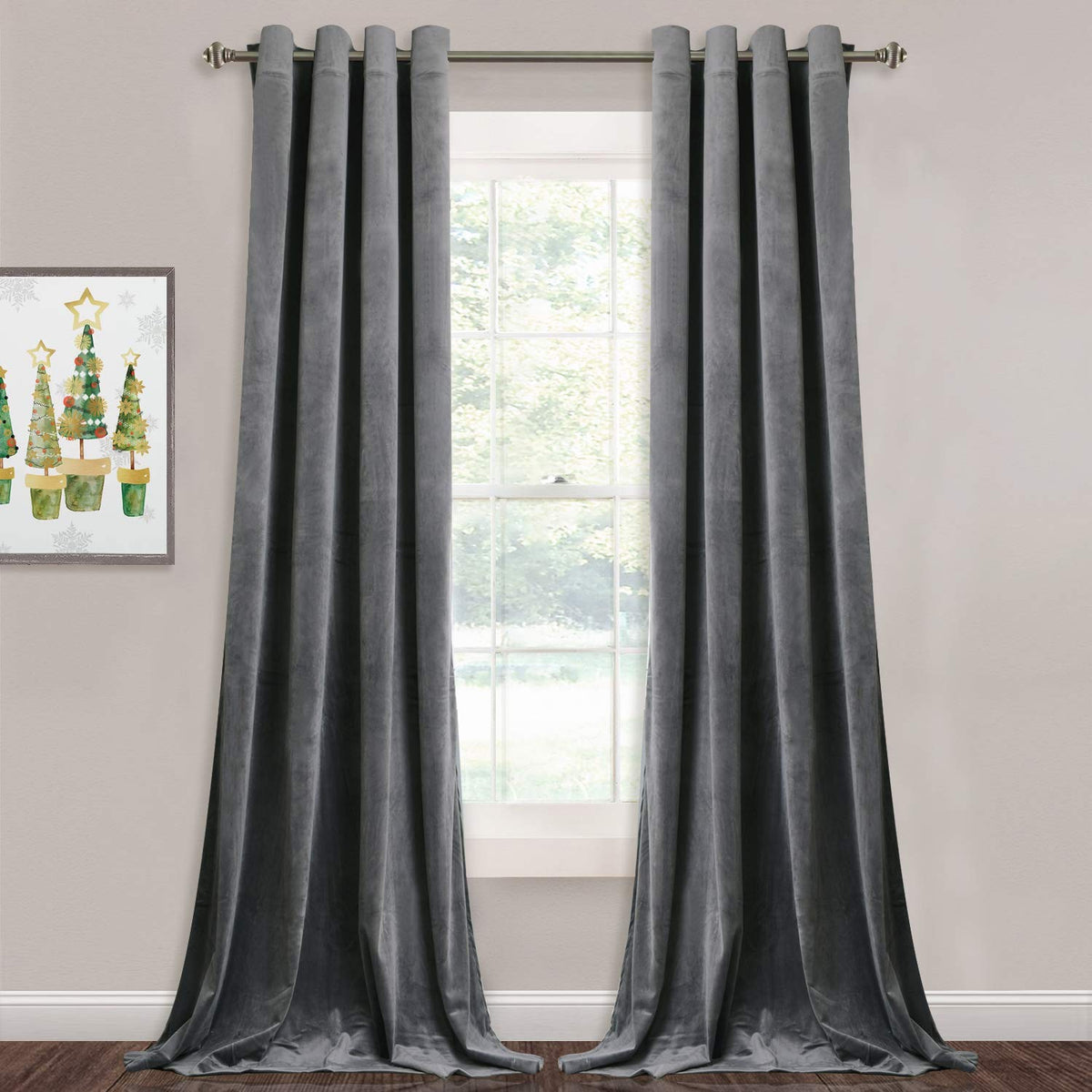StangH grey velvet curtains for living room provide soft, luxe ambiance and light control.