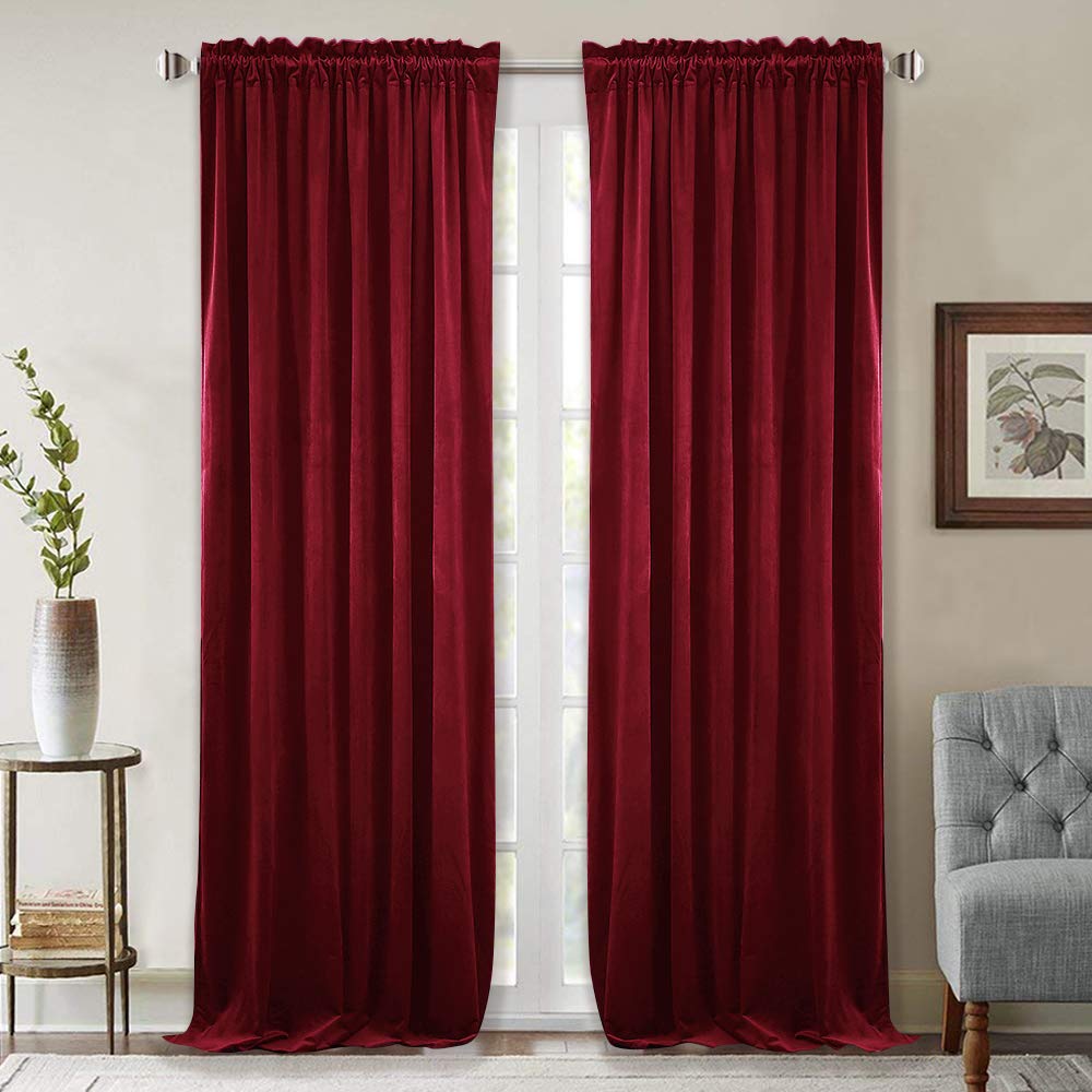StangH Theater Red Velvet Curtains closeup velvet texture enhances luxurious room feel.