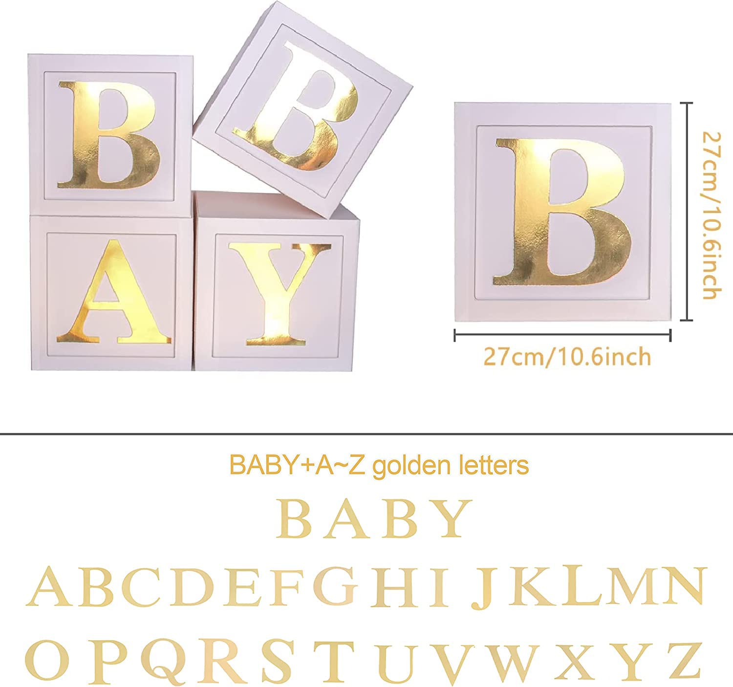 Staraise A-Z letter kit on white-gold boxes ideal for photo backdrops