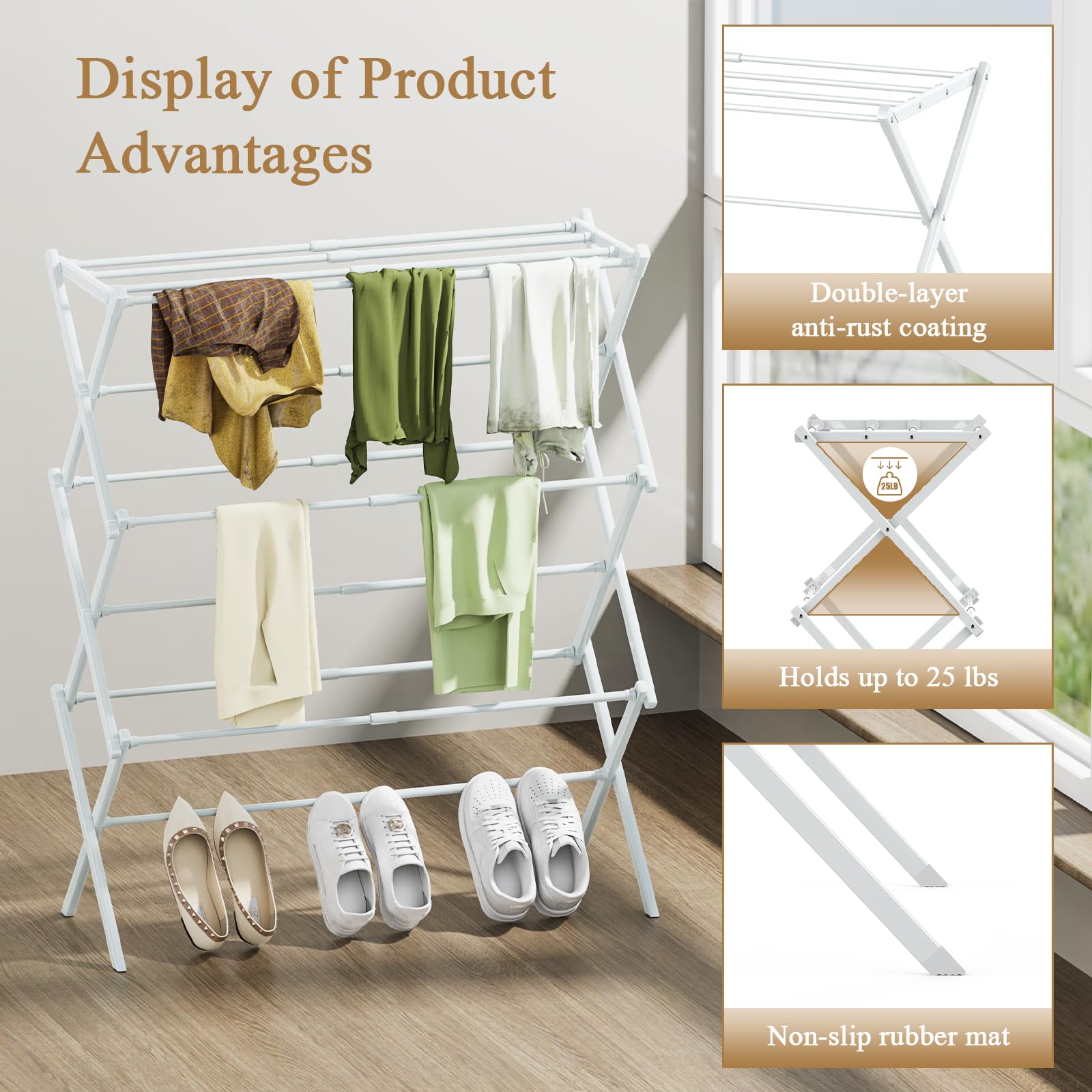 STARLATTA foldable drying rack open with 3 tiers for towels and clothes.