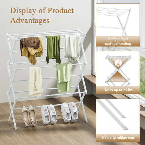 STARLATTA foldable drying rack open with 3 tiers for towels and clothes.