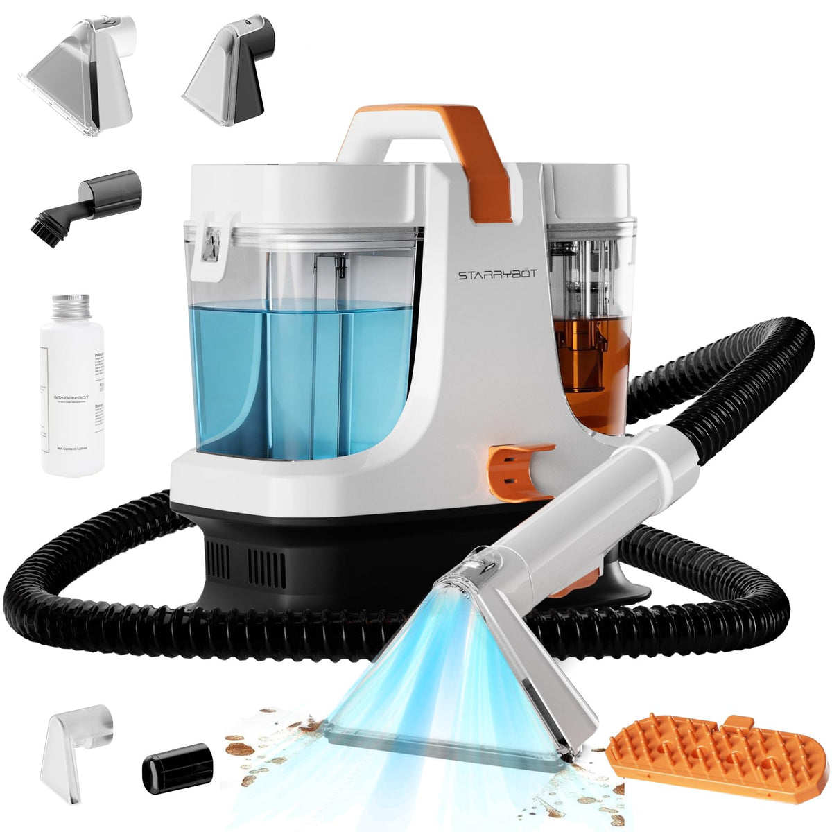 Starrybot portable carpet cleaner in white showing powerful suction for home stains